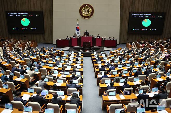 [서울=뉴시스] 권창회 기자 = 27일 오후 서울 여의도 국회에서 열린 제422회 국회(임시회) 제7차 본회의에서 고준위방사성폐기물관리에관한특별법안이 통과되고 있다. 2025.02.27. kch0523@newsis.com