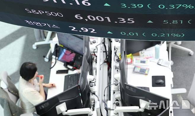 [서울=뉴시스] 24일(현지 시간) CNBC에 따르면 이날 다우존스산업평균지수는 1.19% 상승한 43089.02에 장을 마감했다. S&P 500 지수는 1.11% 오른 6092.18, 나스닥 종합지수는 1.43% 오른 19912.53에 장을 마쳤다. 사진은 서울 중구 하나은행 딜링룸에서 직원들이 업무를 보고 있는 모습. 2025.06.25.
