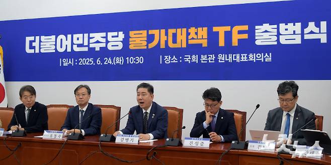 24일 서울 여의도 국회에서 열린 더불어민주당 물가대책 TF 출범식에서 김병기 당대표 직무대행 겸 원내대표가 발언을 하고 있다. 윤창원 기자