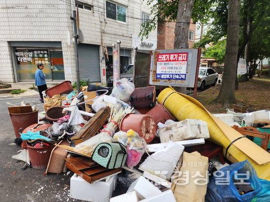 ▲ 울산 중구 교동 한 도로변에 생활폐기물이 아무렇게나 버려져 있다.