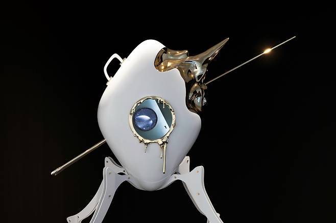 미래에서 온 안개 163x125x230 cm, Stainless steel, LCD monitor, Led lamp, wood etc, 2024