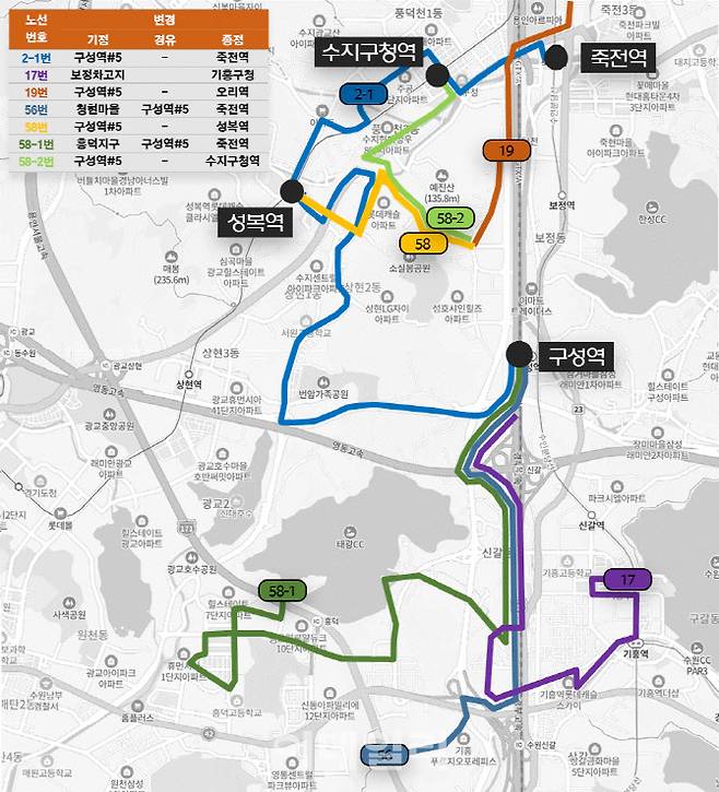 GTX-A 구성역 5번 출구 신설 정류장을 경유하는 버스 노선.(자료=용인시)