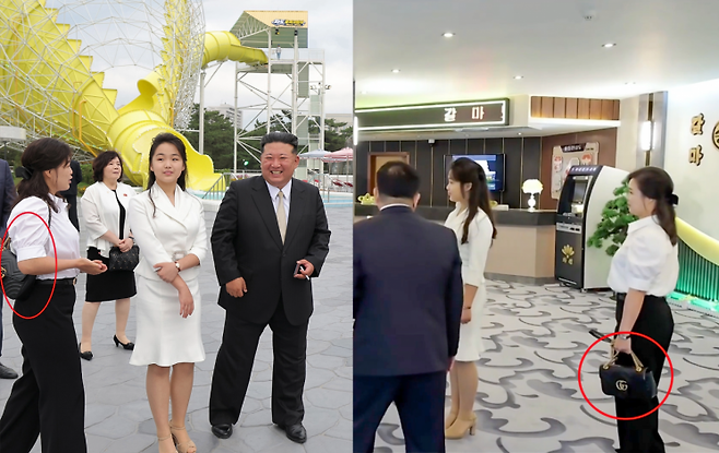 김정은 북한 국무위원장이 지난 24일, 아내 리설주, 딸 주애와 함께 원산갈마해안관광지구 준공식에 참석했다. 리 여사의 공개활동은 약 1년 반 만이며, 이탈리아 명품 브랜드 '구찌'(붉은 원)로 추정되는 검은색 핸드백을 맨 모습이 포착됐다. 연합뉴스
