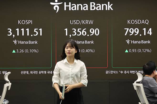 26일 오전 서울 중구 하나은행 본점 딜링룸 현황판에 코스피, 원/달러 환율, 코스닥 지수가 표시돼 있다. 이날 코스피는 전장보다 0.09포인트(0.00%) 오른 3108.34로 시작했으며 오후 2시 기준 3074.88을 기록했다. <연합뉴스>