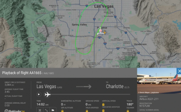 25일(현지시간) 오전 8시 20분쯤 미국 라스베이거스 해리 리드 국제공항에서 노스캐롤라이나주(州) 샬럿으로 향하던 아메리칸항공 여객기는 이륙 직후 엔진에 불이 붙었다. 비행기는 비상 착륙했고 다행히 사상자는 나오지 않았다. 사고기 항로 흔적. 플라이트레이더24 제공