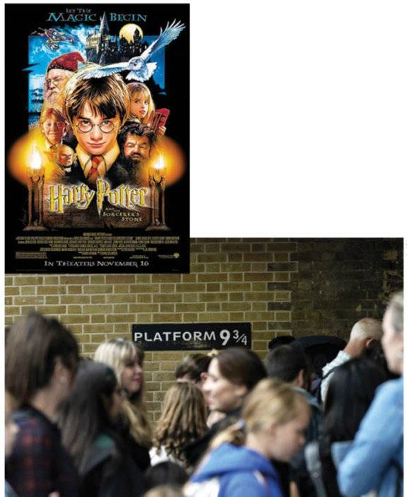 영화 ‘해리 포터와 마법사의 돌’ 포스터(위)와 영국 런던 킹스크로스역에 있는 ‘9와 4분의 3 승강장’ 안내 표지판. ‘9와 4분의 3 승강장’은 해리 포터 시리즈에 나오는 설정을 반영해 만들었다. 아마존 홈페이지 캡처·뉴시스