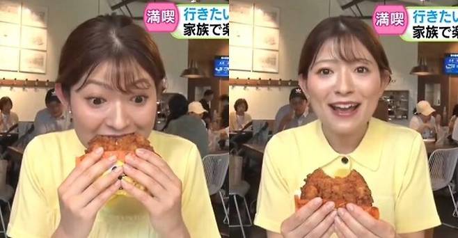 일본인 리포터가 성심당의 대표 메뉴인 '튀김소보로'를 맛보고 있다. /STV