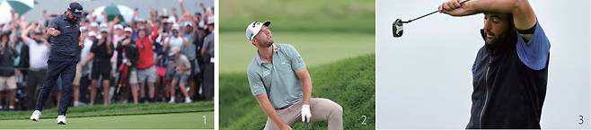 1 J. J. 스폰이 6월 15일 US오픈 최종 라운드 18번 홀에서 20m 버디 퍼트 성공 후 그린에서 우승을 축하하고 있다. /사진 AFP연합 2 제 125회 US오픈 2위인 샘 번스가 같은 날 최종 라운드 11번 홀에서 세 번째 샷을 시도하고 있다. /사진 AFP연합 3 세계 1위 스코티 셰플러가 US오픈 골프 대회 최종 라운드를 마친 후 18번 그린에서 이마를 닦고 있다. /사진 AP연합