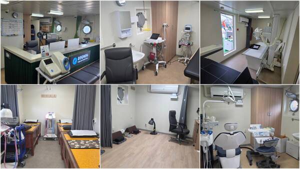 26일 공식 출항에 나선 건강옹진호 실내. 위 왼쪽부터 접수실, 내과 진료실 , 방사선 진료실. 아래 왼쪽부터 물리치료실, 한의과 진료실, 치과 진료실. 장민재 기자