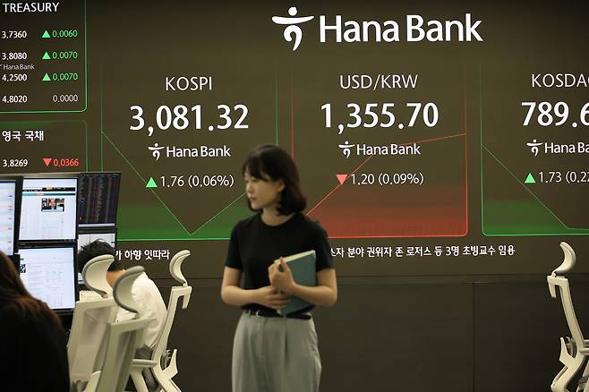 27일 서울 중구 하나은행 본점에서 직원들이 증시와 환율을 모니터하고 있다. 이날 코스피는  1.69p(0.05%) 내린 3077.87로 개장해 보합세를 이어가고 있다. [연합]