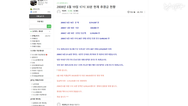 2008년 6월 19일, 최 씨가 노노데모 네이버 카페에 후원금 현황을 보고한 게시물.