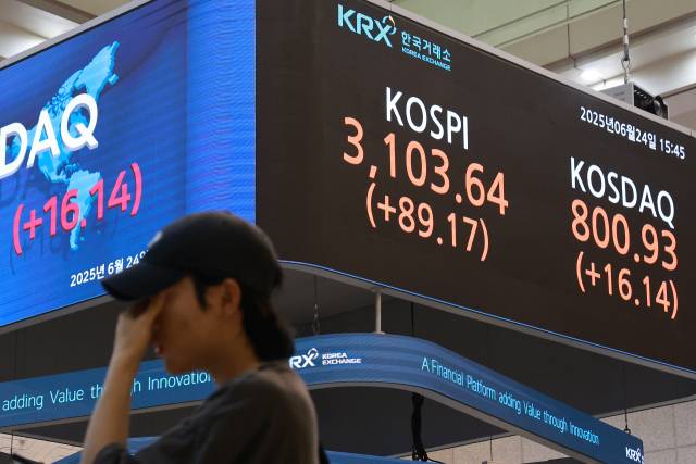 24일 서울 여의도 한국거래소 현황판에 코스피와 코스닥지수 종가가 표시돼 있다. 이날 코스피는 전 거래일보다 3103.64로 마감하며 3년 9개월 만에 3100포인트를 넘어섰다. 연합뉴스
