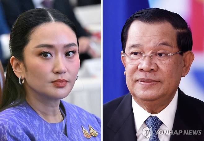 패통탄 친나왓 태국 총리(왼쪽)와 훈 센 캄보디아 상원의장 [AFP 연합뉴스 자료사진. 재판매 및 DB 금지]