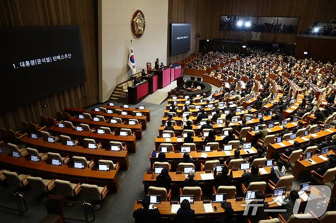우원식 국회의장이 14일 오후 서울 여의도 국회에서 열린 제419회국회(임시회) 제4차 본회의에서 윤석열 대통령 탄핵소추안 가결을 알리고 있다. 2024.12.14/뉴스 ⓒ News1 김민지 기자