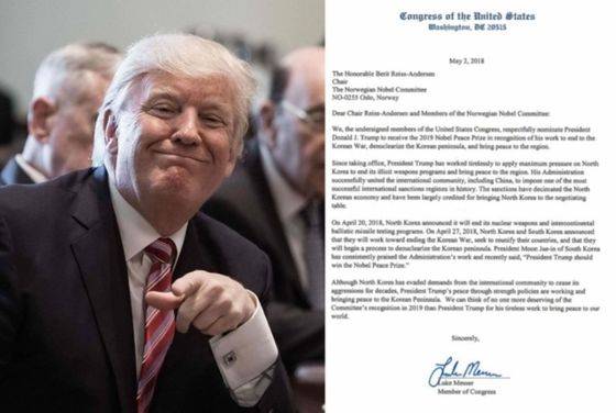 지난 2018년 미국 공화당 하원의원 18명이 트럼프 대통령을 노벨평화상에 추천했다. 중앙포토
