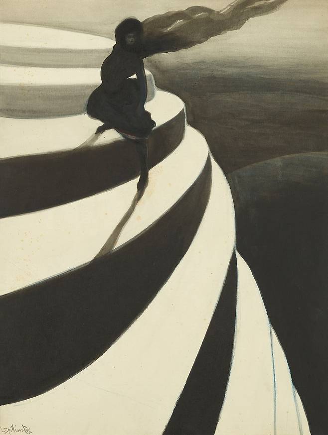 현기증(1908). 그의 대표작 중 하나로 꼽힌다. 하얀 계단은 검은 심연과 대조를 이루고, 여자는 공포에 질려 계단에 매달려 있다. 당시 레옹은 깊은 불안을 느끼고 있었다. 그가 느끼는 악몽 같은 절망을 담은 작품이다.