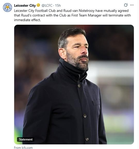 판니스텔로이 감독과 결별을 알린 레스터 시티. / 레스터 시티 구단 SNS.