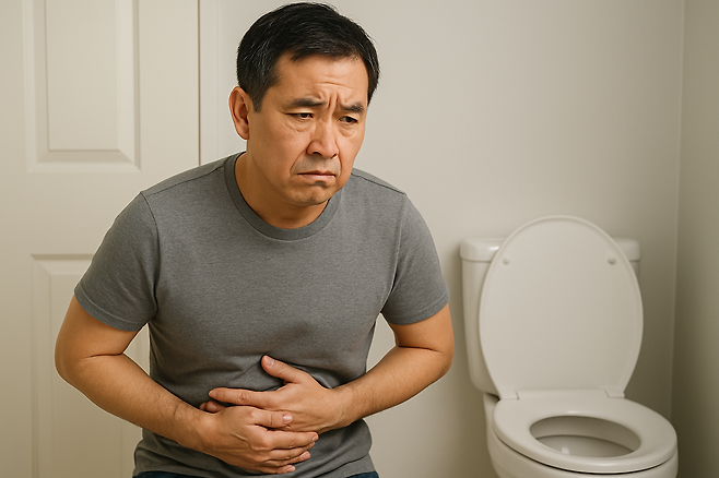 아랫배를 쥐고 찡그린 중년 여성