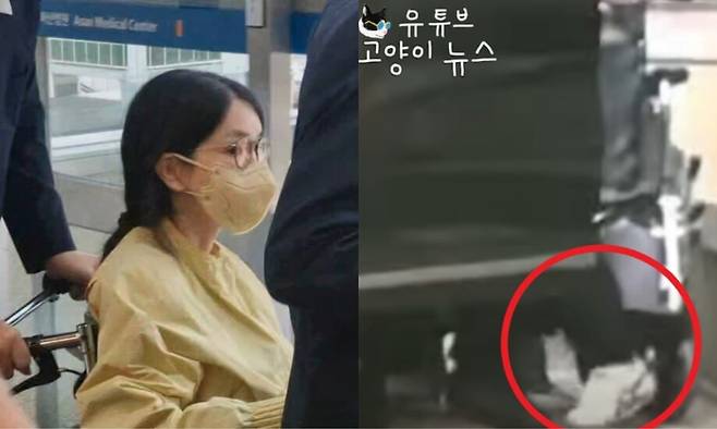 (왼쪽) 특검 수사를 앞두고 우울증 등을 이유로 입원했던 김건희씨가 27일 서울 송파구 서울아산병원에서 윤석열 전 대통령이 미는 휠체어에 탄 채 퇴원하고 있다. 오른쪽은 유튜브 채널 ‘고양이 뉴스’가 포착한 휠체어에서 일어서서 차량에 탑승하는 김씨의 모습. 연합뉴스, 유튜브 채널 ‘고양이 뉴스’ 갈무리