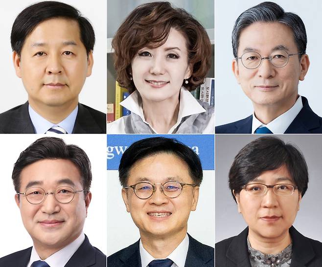 대통령실은 29일 강훈식 대통령비서실장의 브리핑을 통해 이재명 대통령의 장관급 추가 인선을 발표했다. 사진 왼쪽 위부터 시계 방향으로 구윤철 기획재정부 장관 후보 내정자, 이진숙 교육부 장관 후보 내정자, 정성호 법무부 장관 후보 내정자, 정은경 보건복지부 장관 후보 내정자, 김정관 산업통상자원부 장관 후보 내정장, 윤호중 행정안전부 장관 후보 내정자. 연합뉴스