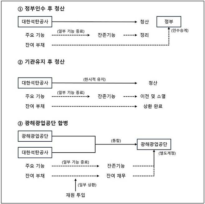 [세종=뉴시스]개선방안별 도식 비교 그래픽이다.(사진=대한석탄공사 재무상황 개선 유형별 세부과제 연구 보고서 캡처) *재판매 및 DB 금지