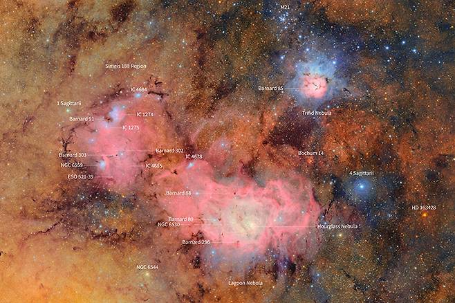삼엽성운과 라군성운의 파인더 차트. NSF–DOE Vera C. Rubin Observatory