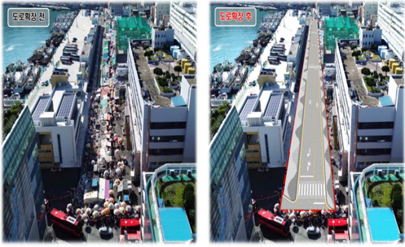 자갈치아지매시장 도로 확장 전후 조감도. 부산세 제공