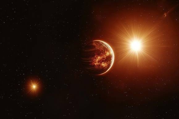쌍성계 주변 뜨거운 목성형 행성. 출처=마이클 헬펠바인 AI 생성 이미지