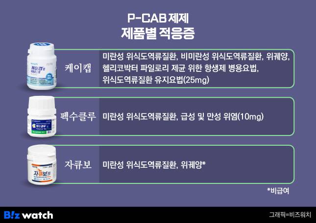 P-CAB 제품별 적응증 확보 현황 /그래픽=비즈워치