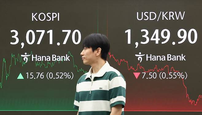 30일 서울 중구 하나은행 본점 딜링룸 현황판에 코스피, 원달러 환율이 표시돼 있다.(사진=연합뉴스)