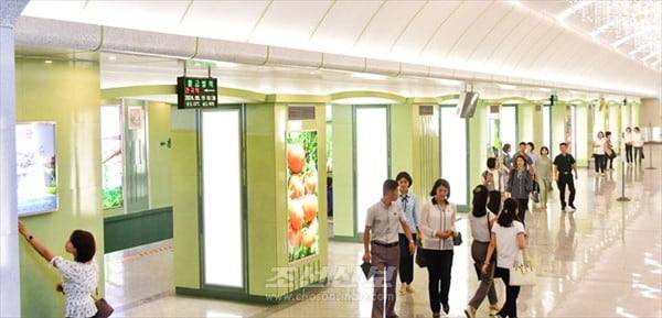 평양 지하철역 기둥에 스크린이 설치된 모습. /조선신보 연합뉴스