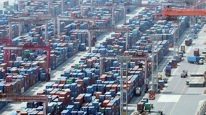 부산 남구 신선대부두 야적장에 수출입 컨테이너가 가득 쌓여 있다. 뉴시스