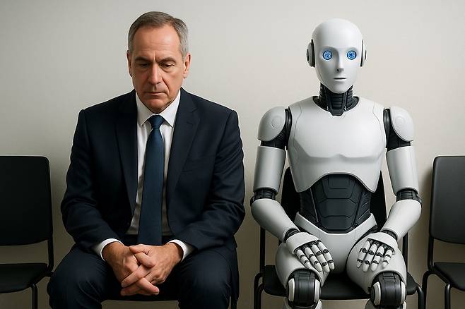 인공지능의 확산, 저출생과 고령화, 이민자의 증가는 향후 한국 사회 불평등 구조에 큰 영향을 미칠 구조적 변동 요인이다. 사진은 인간과 AI를 탑재한 로봇이 일자리를 놓고 면접을 보는 상황을 챗GPT로 구현한 이미지다.