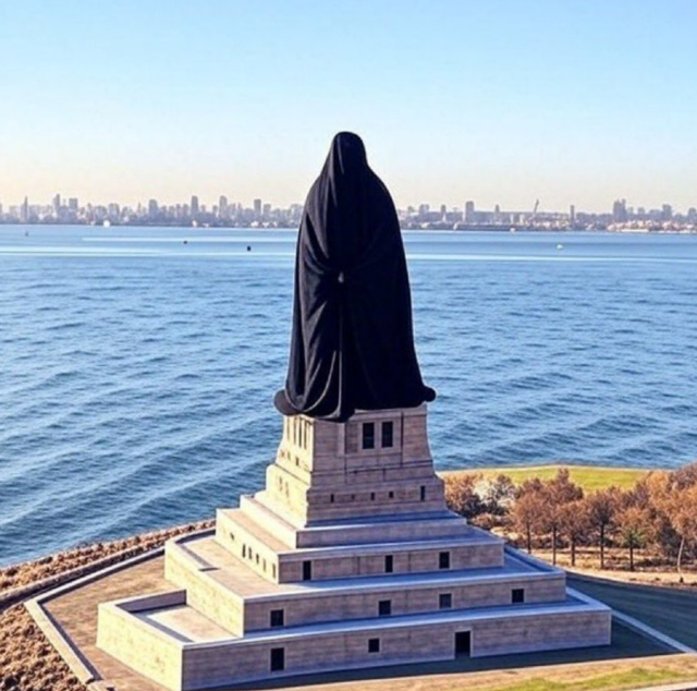 미국 뉴욕을 상징하는 건축물인 자유의 여신상이 이슬람 전통복장인 부르카를 뒤집어 쓰고 있는 모습의 합성사진. X 캡처
