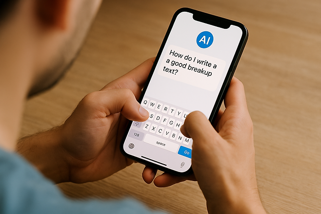 인공지능(AI)에 연인과 이별하기 좋은 말을 물어보는 모습. [챗GPT로 구현한 사진]