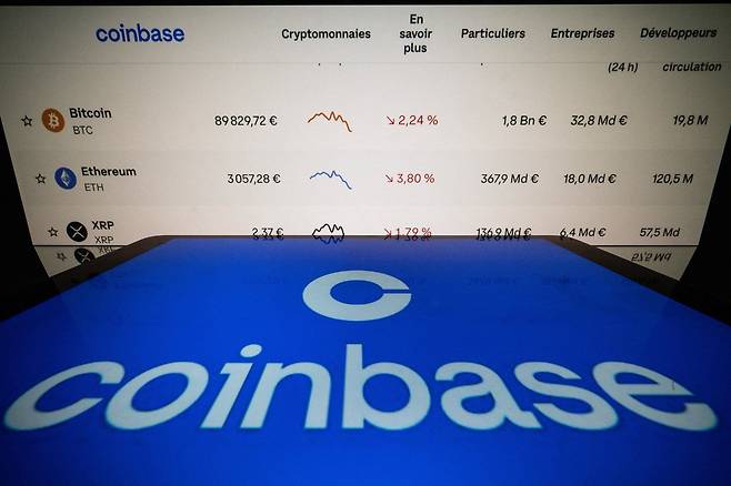 코인베이스(Coinbase)의 로고가 표시된 화면 모습. [AFP}