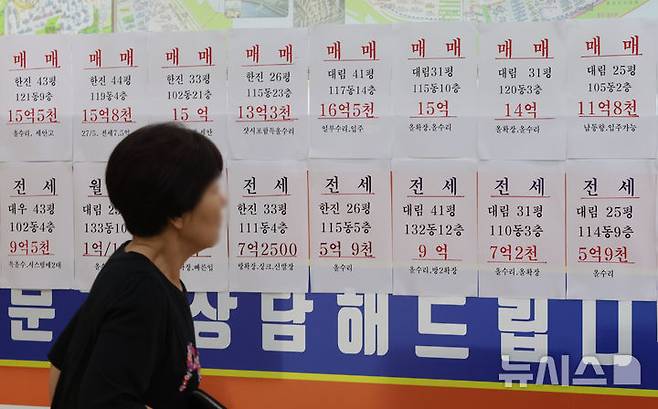 [서울=뉴시스] 황준선 기자 = 26일 서울 성동구의 한 부동산에 아파트 매물 광고가 게시돼 있다. 2025.06.26. hwang@newsis.com