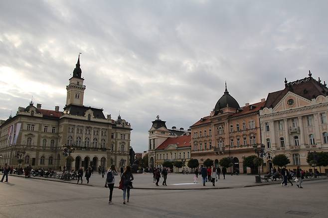 노비사드 슬로보데 거리. 뾰족한 첨탑이 있는 건물이 시청사다.