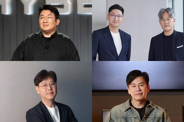 (왼쪽 상단부터 시계방향) 하이브 의장 방시혁, SM엔터테인먼트 대표이사 장철혁-탁영준, YG엔터테인먼트 총괄 프로듀서 양현석, JYP엔터테인먼트 대표이사 정욱 / 사진=하이브, SM엔터테인먼트, YG엔터테인먼트, JYP엔터테인먼트