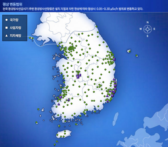 전국에 설치된 환경방사선자동감시망 분포. 국가환경방사선자동감시망 홈페이지 캡처