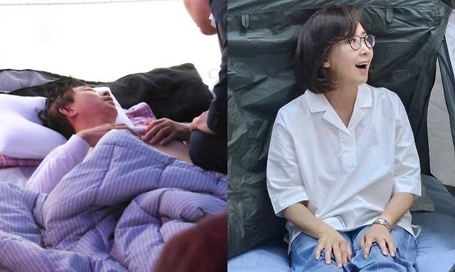(왼쪽) 2018년 5월9일 ‘드루킹 댓글 조작 사건’에 대한 조건 없는 특검 관철을 주장하며 7일째 단식농성 중인 김성태 자유한국당 원내대표가 누워 있는 농성장에서 원유철 자유한국당 의원이 김 의원의 몸상태를 살펴보고 있다. 오른쪽은 나경원 국민의힘 의원이 인스타그램에 올린 국회 숙식 농성 모습. 강창광 기자 chang@hani.co.kr, 온라인 커뮤니티 갈무리