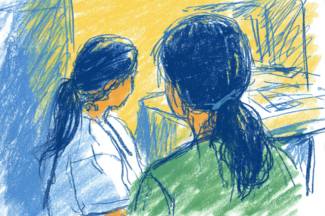 인공지능으로 만든 간호사와 환자의 대화 모습. 그래픽=손영하 기자·미드저니