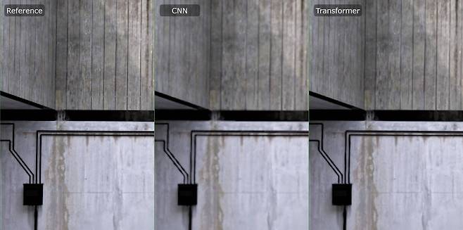 일반 화질(좌), 합성곱 신경망(중간), 트랜스포머 모델(우)을 적용한 예시. 트랜스포머 모델 방식이 더 선명한 화질을 제공한다 / 출처=엔비디아