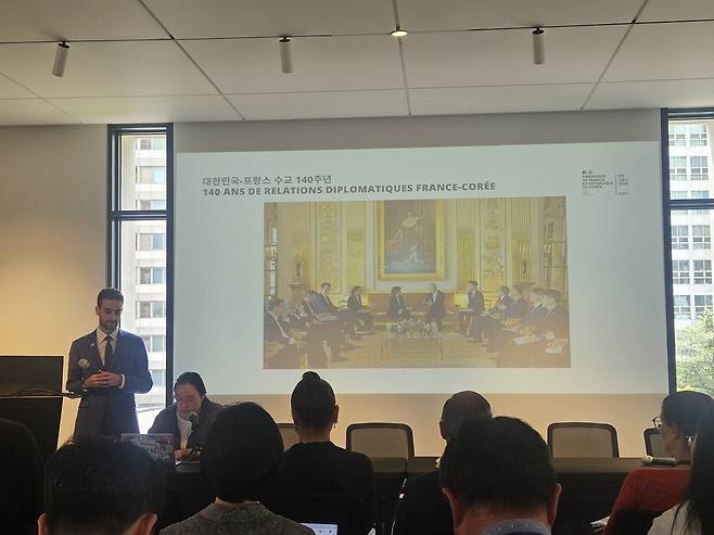 Pierre Morcos, cultural counselor of France in Korea, speaks to the press on Tuesday a the Embassy of France in Seoul. (Park Yuna/The Korea Herald)