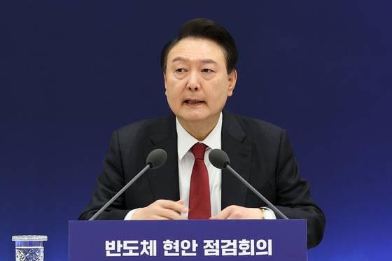 Former President Yoon Suk Yeol speaks during a meeting on the state of semiconductor industry on April 9, 2024, at the presidential office in central Seoul. [JOINT PRESS CORPS]