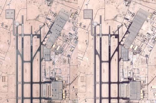 카타르 알 우데이드 공군 기지의 2025년 6월 5일(왼쪽)과 6월 19일(오른쪽) 촬영 위성 사진. 지난 19일에 촬영한 사진에는 비행기가 없는 모습이 보인다. [AFP = 연합뉴스]