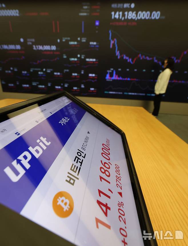 [서울=뉴시스] 이영환 기자 = 23일 오전 서울 강남구 업비트 고객센터 전광판에 비트코인 거래 가격이 표시되고 있다.비트코인은 중동 위기 여파에 한 때 10만 달러 밑으로 내려갔지만 매수세가 유입되면서 10만 달러 선을 회복했다.  2025.06.23. 20hwan@newsis.com