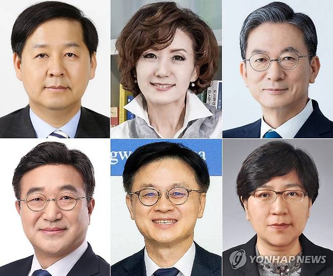 (서울=연합뉴스) 홍해인 기자 = 대통령실은 29일 강훈식 대통령비서실장의 브리핑을 통해 이재명 대통령의 장관급 추가 인선을 발표했다. 사진 왼쪽 위부터 구윤철 기획재정부 장관 후보자, 이진숙 교육부 장관 후보자, 정성호 법무부 장관 후보자.     사진 왼쪽 아래부터 윤호중 행정안전부 장관 후보자, 김정관 산업통상자원부 장관 후보자, 정은경 보건복지부 장관 후보자. 2025.6.29 [연합뉴스 자료사진·대통령실 제공. 재판매 및 DB 금지] hihong@yna.co.kr 연합뉴스