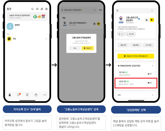 ▲고용노동부 고객상담센터는 1일부터 카카오톡을 통한 실시간 실업급여 상담 서비스를 제공한다.ⓒ고용노동부