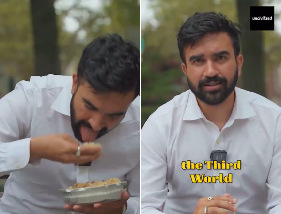 뉴욕시장 선거의 미국 민주당 후보로 사실상 확정된 조란 맘다니 시의원이 과거 한 인터뷰에서 인도 관습에 따라 오른손을 사용해 쌀밥과 달을 먹고 있는 모습. 엑스 계정 ‘End Wokeness’ 캡처